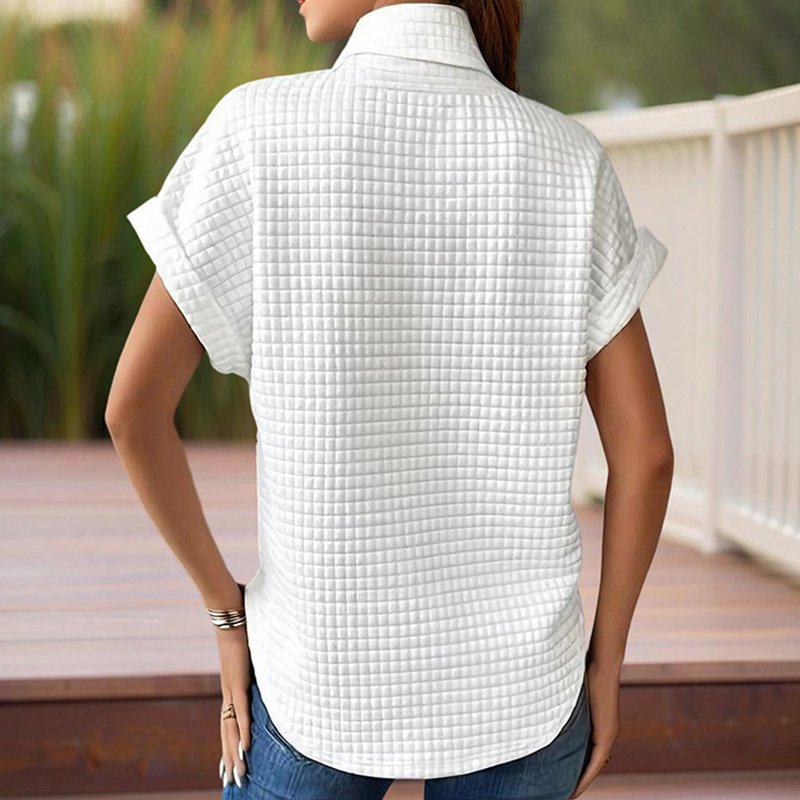 Women's Solid Color Round Neck Short Sleeve Top - Textured Cuff Detail Comfortable Summer Casual Tee - Image 4