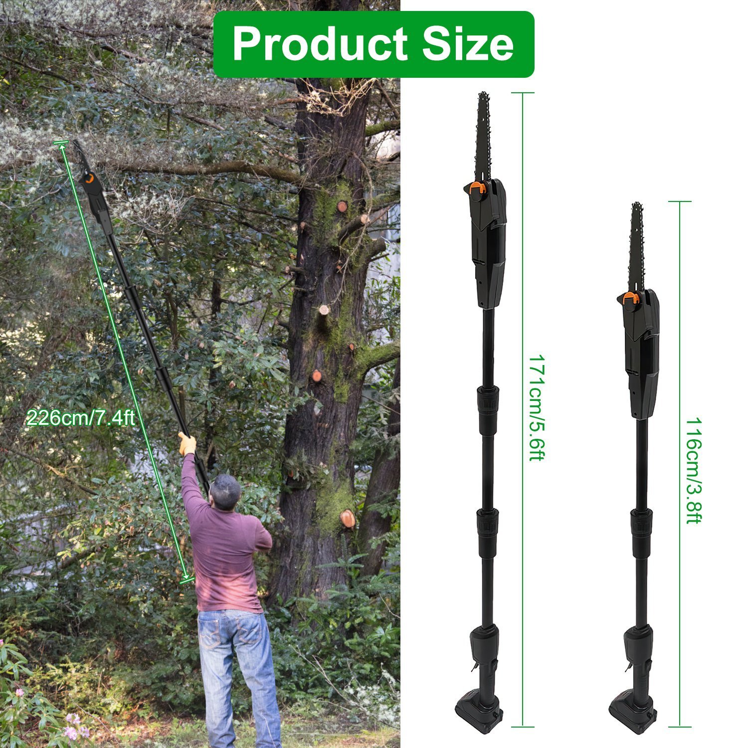1Set 6in Cordless Pole Saw 7.4FT Maximum Extendable Length 35FT Per Second Speed Electric Pole Chainsaw 2Pcs 3.0Ah Batteries And Charger Included For Pruning Trimming Fedex Shipping - Image 9