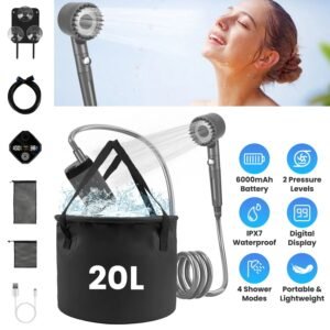 Portable Shower For Camping Include IPX7 Waterproof 6000mAh Rechargeable Shower Filtered Shower Head 5.3Gallon Foldable Bucket For Hiking Beach Travel Car Pet GPCT5370