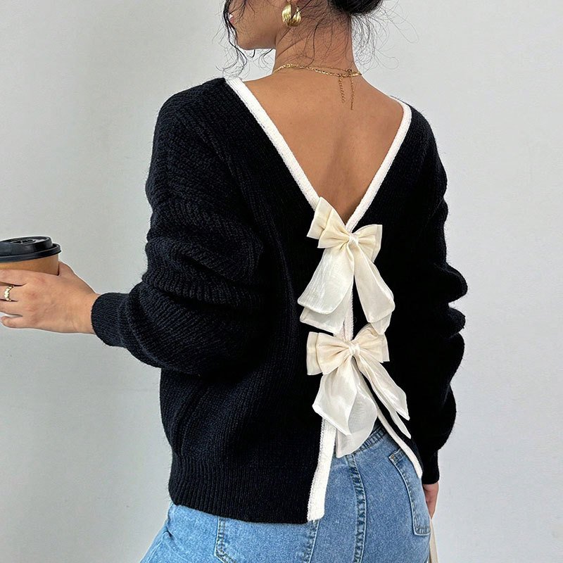 Women's Bow Sweater Long Sleeve Top, Open Back Crew Neck Split Pullover, Fall Trendy Going Out Sweater - Image 4
