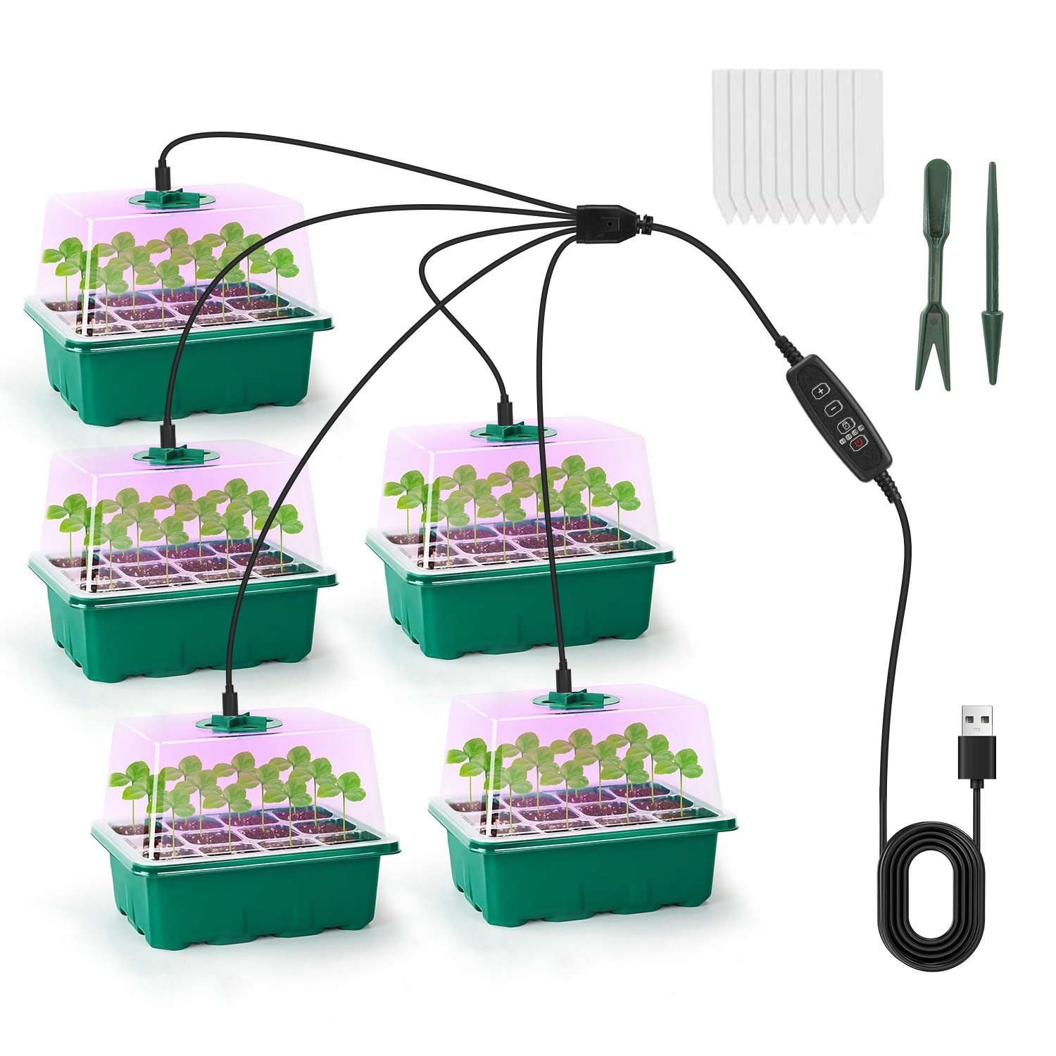 5Packs Seed Starter Tray With Grow Light Humidity Dome Germination Kit With 5-Level Brightness 4 Timers For Indoor Greenhouse