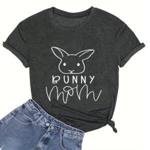 Women's Round Neck Short Sleeve T-Shirt - Cute Bunny Print Summer Casual Tee