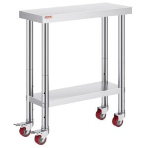 30x12x34 Inch Stainless Steel Work Table 3-Stage Adjustable Shelf With 4 Wheels Heavy Duty Commercial Food Prep Worktable With Brake For Kitchen Prep Work