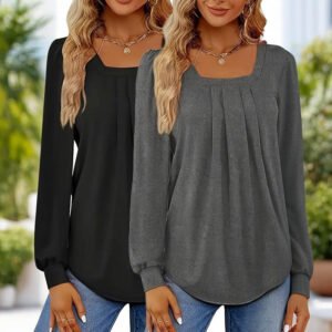 2-Pack Women's Puff Sleeve Square Neck Blouse, Fall Trendy Pleated Tunic Top, Dressy Casual Long Sleeve Work Shirt