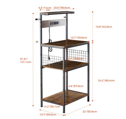 Kitchen Bakers Rack With Power Outlet, Adjustable Storage - Image 8
