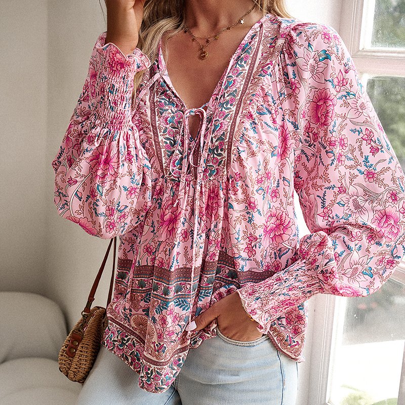 Wpmens Boho Chic Long Sleeve Blouse Floral Print V-Neck Top With Lace-Up & Drawstring Detail Elegant Vacation Shirt - Image 3