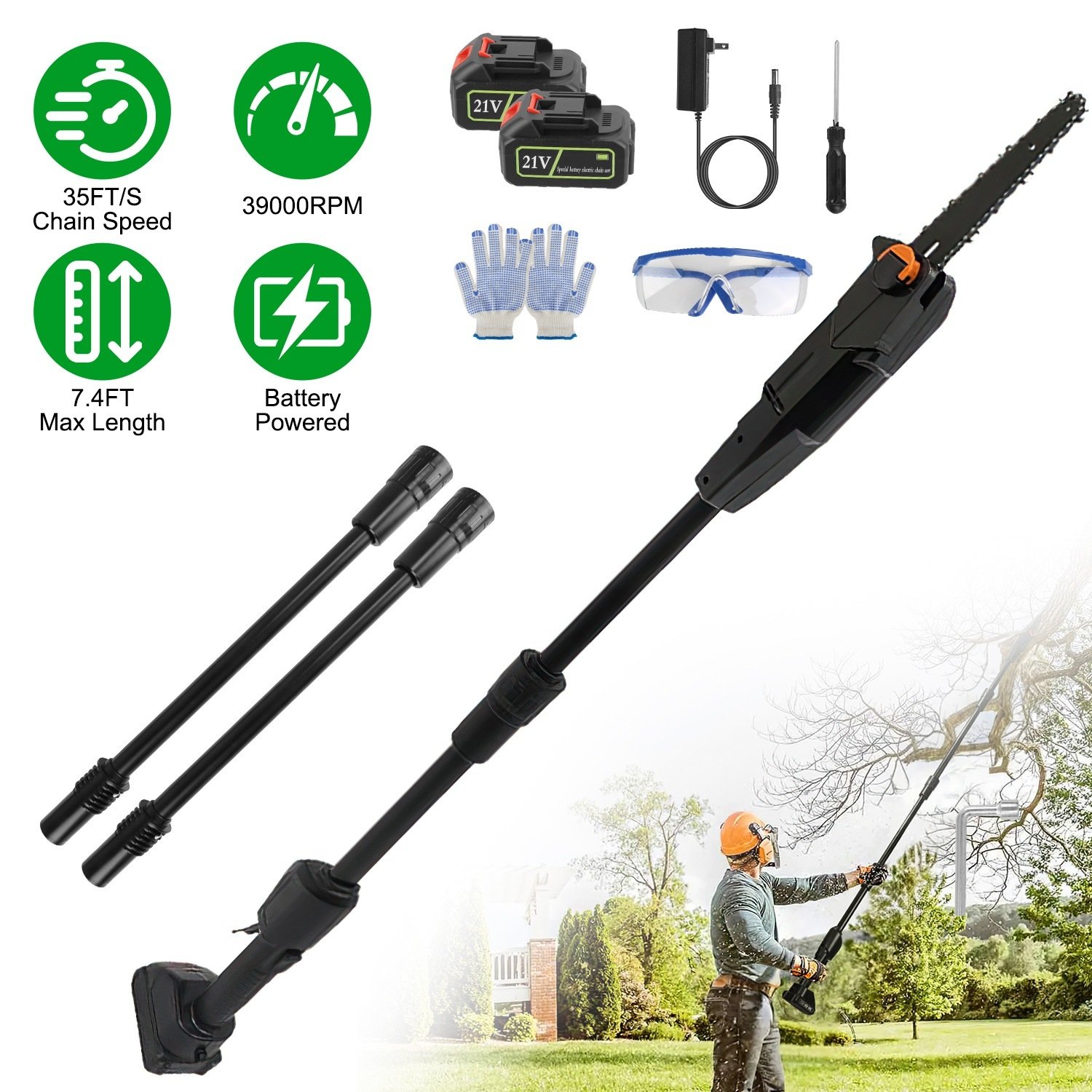 1Set 6in Cordless Pole Saw 7.4FT Maximum Extendable Length 35FT Per Second Speed Electric Pole Chainsaw 2Pcs 3.0Ah Batteries And Charger Included For Pruning Trimming Fedex Shipping