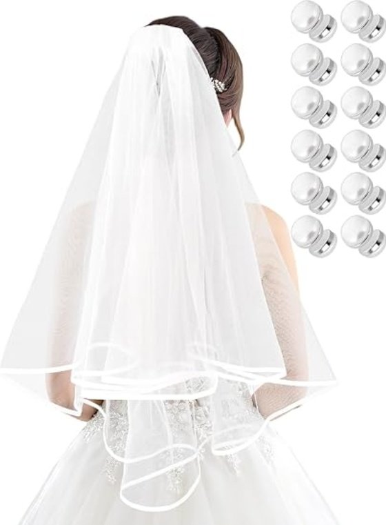 Bridal Veil Wedding Veil Weights Short 2 Tier Veil And 12 Pairs Veil Weights Magnetic Double Sided Artificial Pearls Silver Button For Bachelorette Party Bridal Shower Veil First Communion Clearance - Image 5