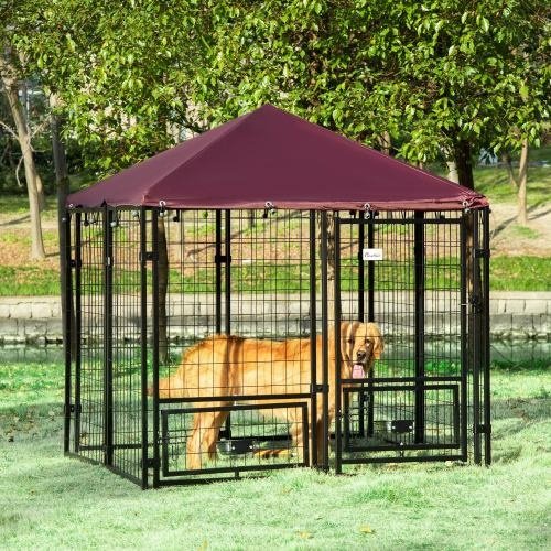 Outdoor Kennel With Rotating Bowl Rack, Walk-in Pet Playpen, Welded Wire Steel Dog Pen, With Waterproof And UV Resistant Awning - Image 3