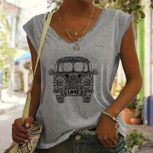 Women's V-Neck Short Sleeve T-Shirt Floral Car Print Summer Casual Top
