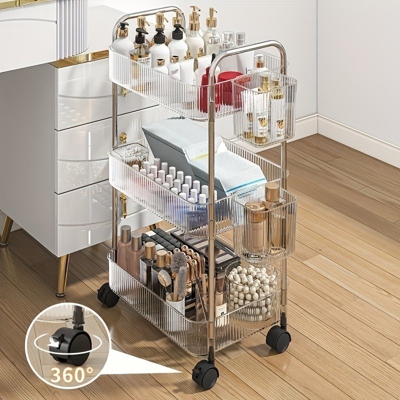 Modern Storage Three-Tier Acrylic Cosmetic Cart With Wheels - Transparent Bathroom And Living Room Storage, Portable Cosmetic Storage Box - Image 5