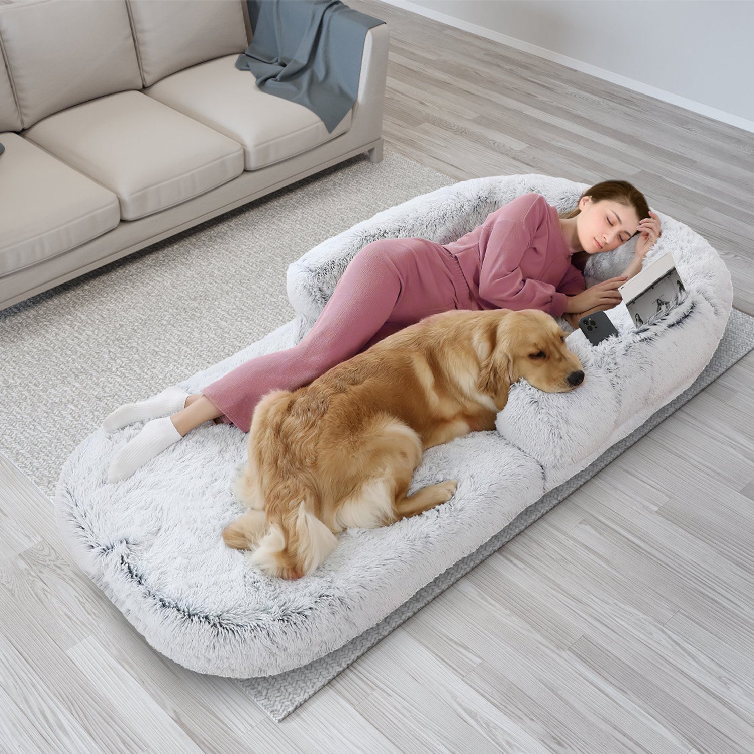 1Pc Large Foldable Human Size Dog Bed With Pillow Blanket Flurry Plush Napping Human-Sized Dog Bed Machine Washable Zipped Removable Cover For Pets Kids Adults Grey 71x45x10in - Image 9