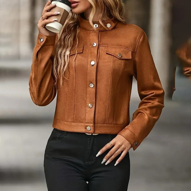 Women's Faux Suede Cropped Jacket, Vintage Stand Collar Short Coat Casual Button Up Fall Outwear - Image 3