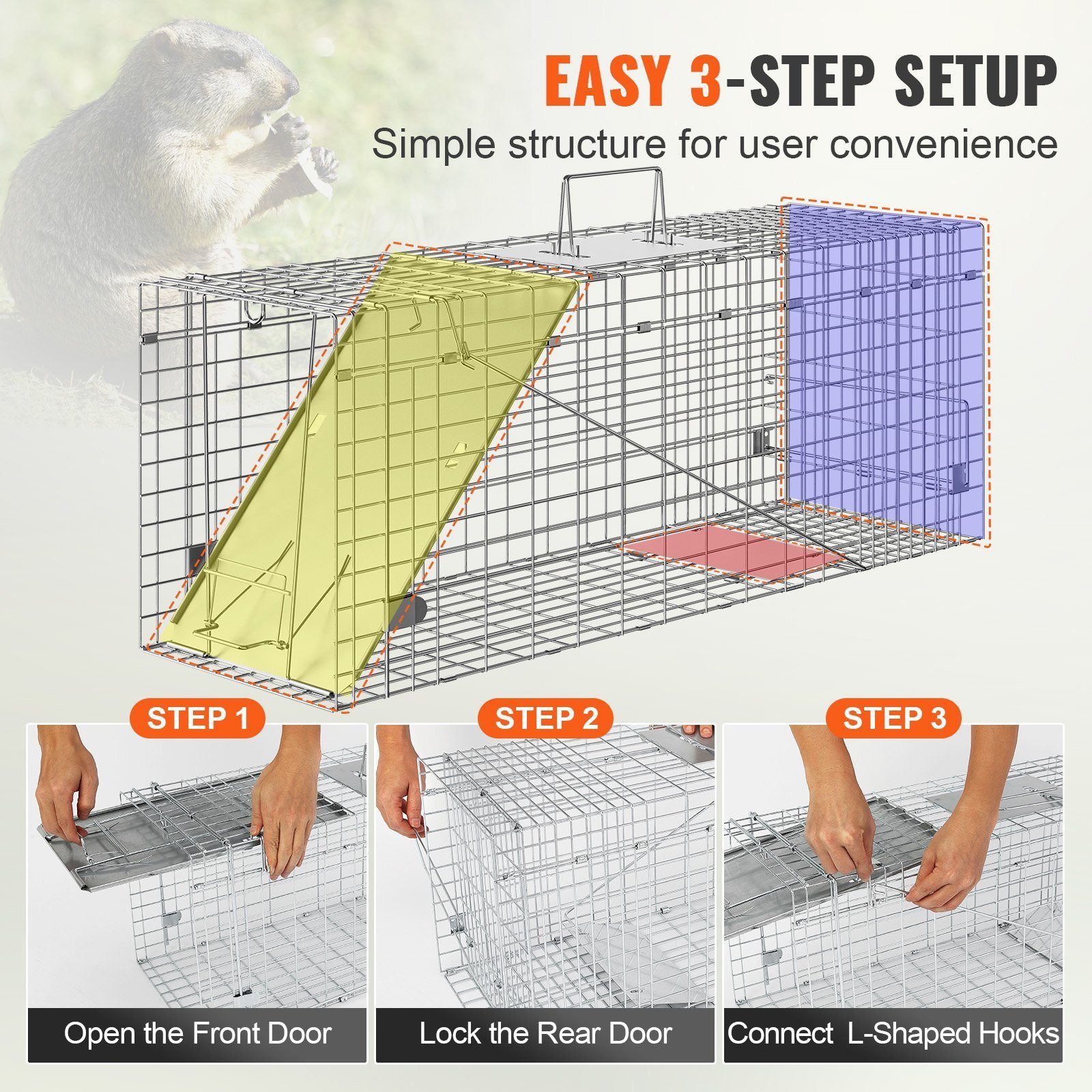 Live Animal Cage Trap, 31" X 10" X 12" Humane Cat Trap Galvanized Iron, Folding Animal Trap With Handle For Rabbits, Stray Cats, Squirrels, Raccoons, Groundhogs And Opossums - Image 5