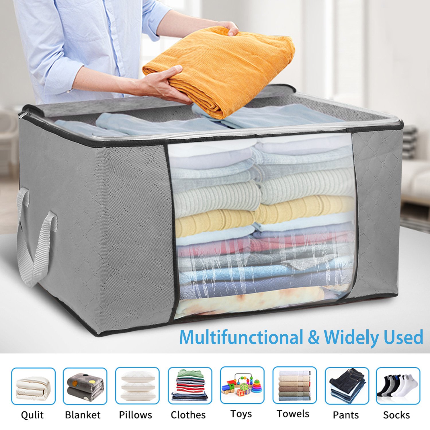 2Pcs Clothes Storage Bag 90L Per Bag With Thick Fabric Clear Window Dual-Zipper For Clothes Comforters Blankets Bedding - Image 5