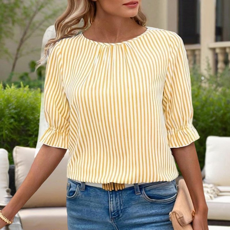 Women's Solid Color Casual Back Button Shirt - Round Neck Striped Summer Top, Breathable Blouse For Relaxed Wear - Image 8