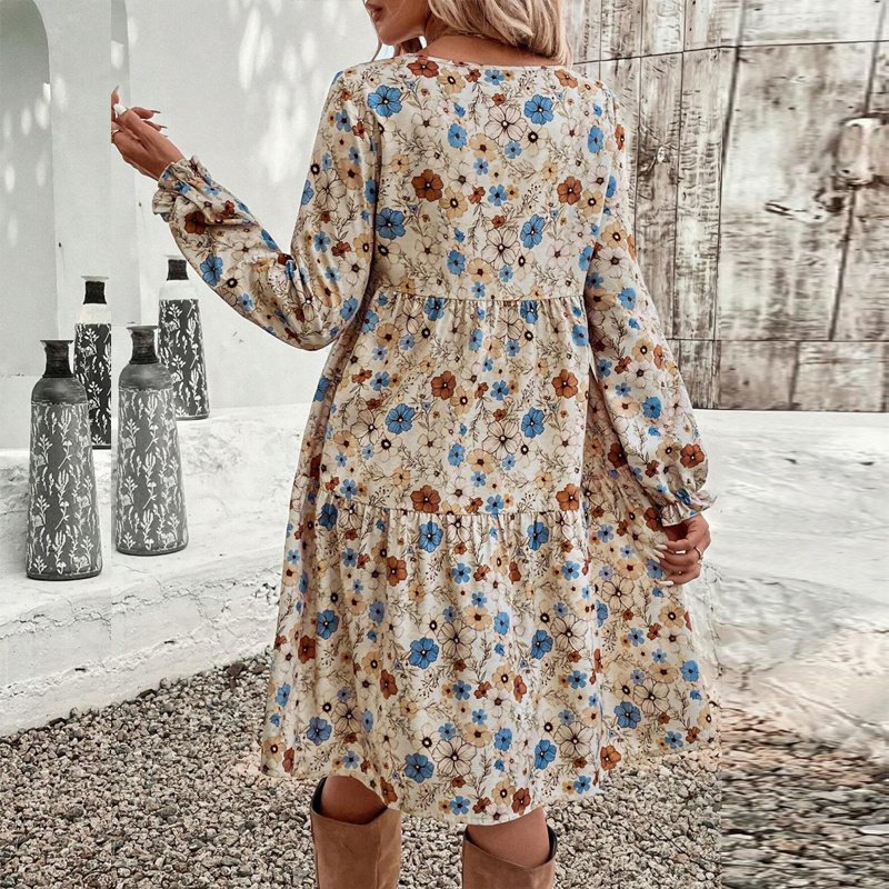 Women's Floral Print Boho Dress, Round Neck Smocked Cuff Sleeve Midi Dress With Patchwork Design For Spring And Fall - Image 6