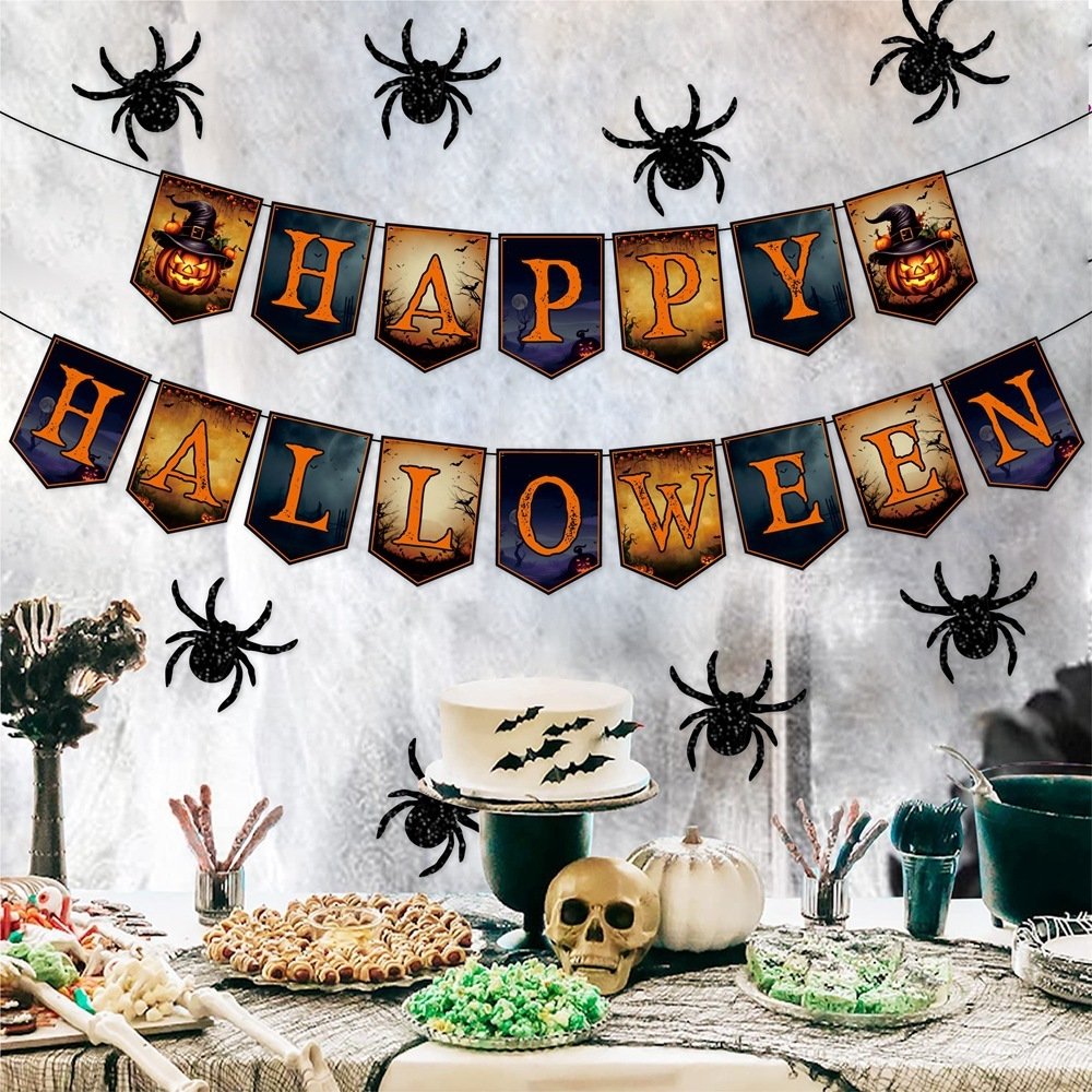 2 Packs Happy Halloween Banner Spider Ornament With Black Rope Trick Or Treat Banner Bunting Flag For Halloween Trick Or Treat Theme Party For Fireplace Wall Decorations Supplies - Image 9