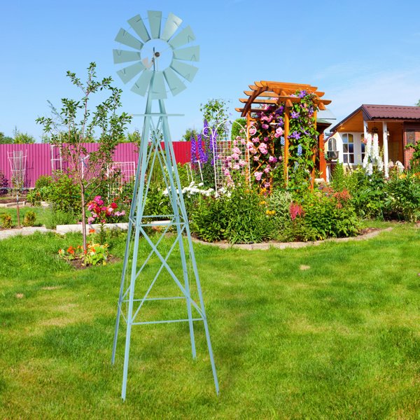 8ft Light Blue Ribbon Wind Vane, 4-pod Standing Iron Windmill - Image 2