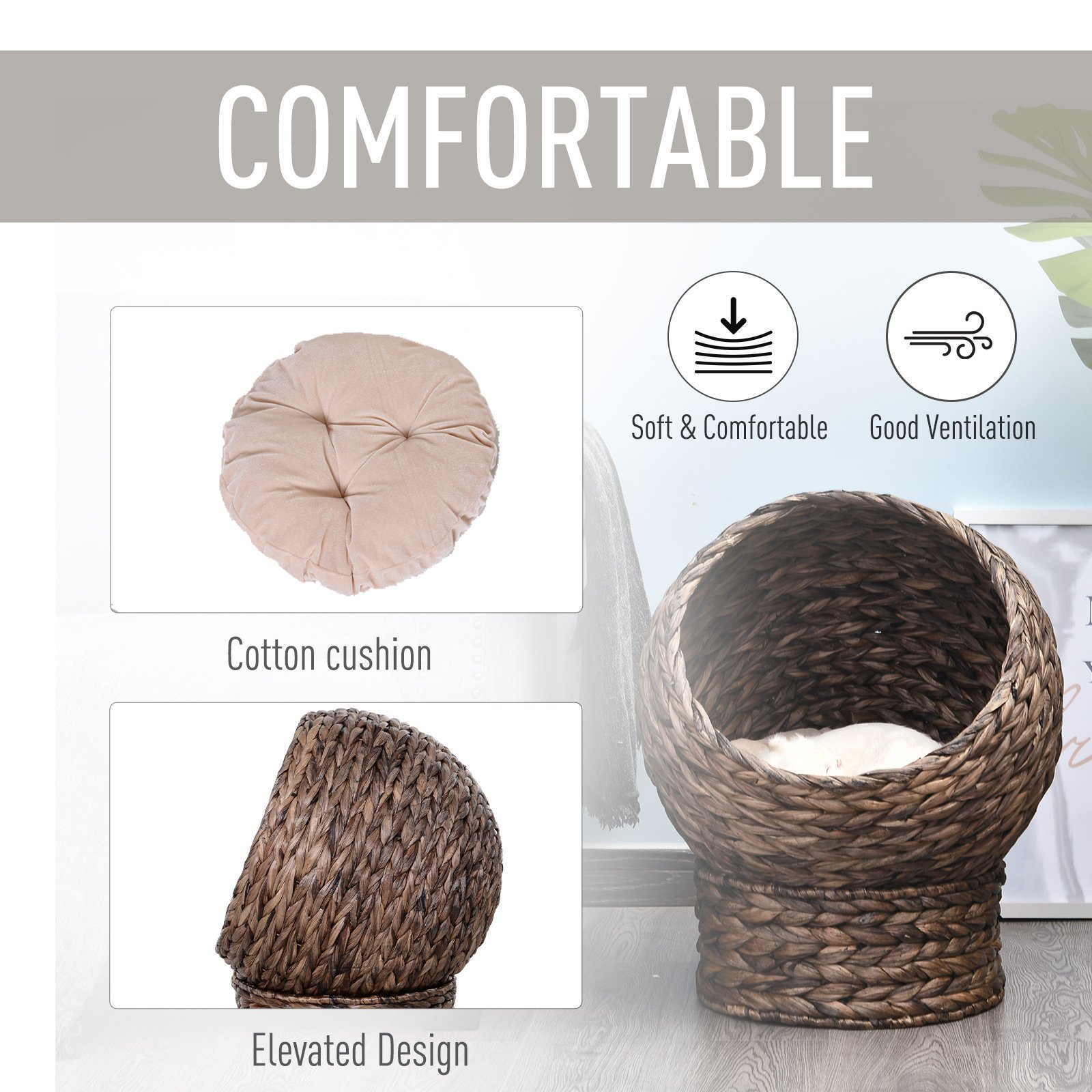 Handmade Wicker Elevated Cat Bed With Cushion Dark Brown For Kittens - Image 2