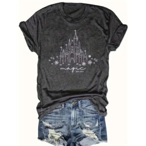 Women's Castle & Floral Print Round Neck Tee - Whimsical Summer Top