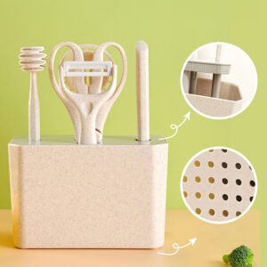 7pcs Kitchen Small Tool Multifunctional Cooking Set, Made Of Wheat Straw Material, With Storage Seat, Melon Planer, Baking Tools-Selling On Amazon Is Prohibited