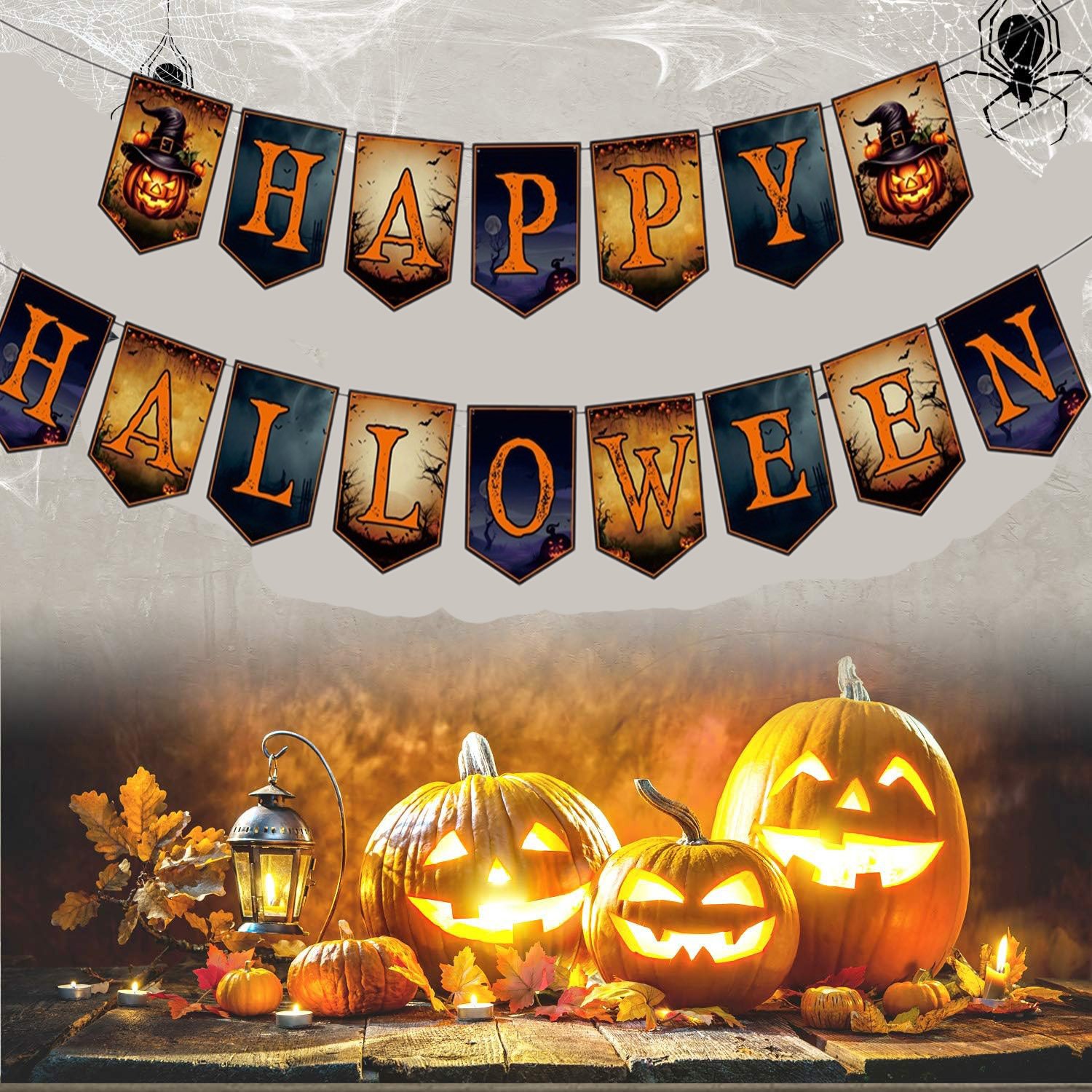 2 Packs Happy Halloween Banner Spider Ornament With Black Rope Trick Or Treat Banner Bunting Flag For Halloween Trick Or Treat Theme Party For Fireplace Wall Decorations Supplies - Image 10
