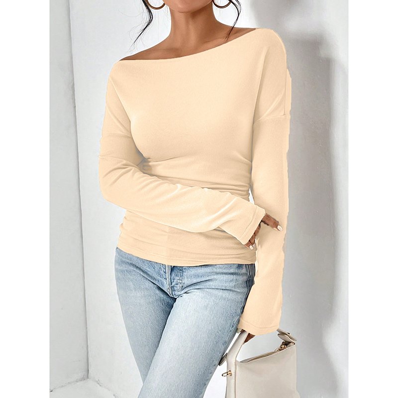 Women's Off The Shoulder Tops Long Sleeve T Shirts Going Out Tops Casual Trendy Ruched Slim Fitted Tees - Image 9