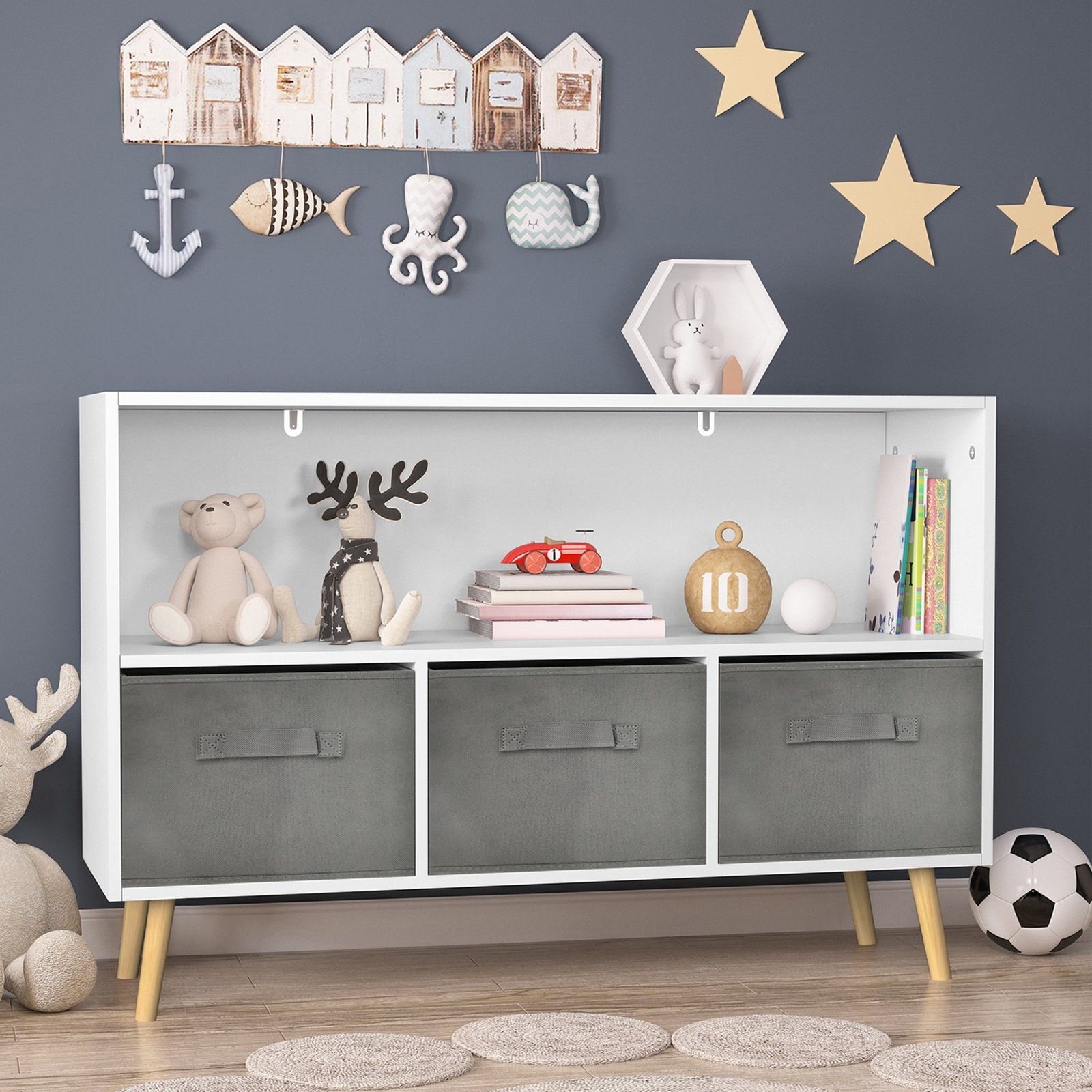 Kids Bookcase With Fabric Drawers, Children's Book Display & Toy Storage Cabinet - Image 8