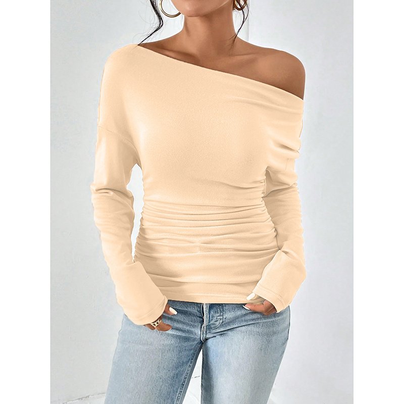 Women's Off The Shoulder Tops Long Sleeve T Shirts Going Out Tops Casual Trendy Ruched Slim Fitted Tees - Image 6
