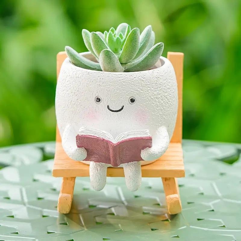 2 Pieces Of Cute Character Reading Rocking Chair Resin Flower Pots Indoor And Outdoor Plant Decoration Vase Home Flower Gift - Image 2