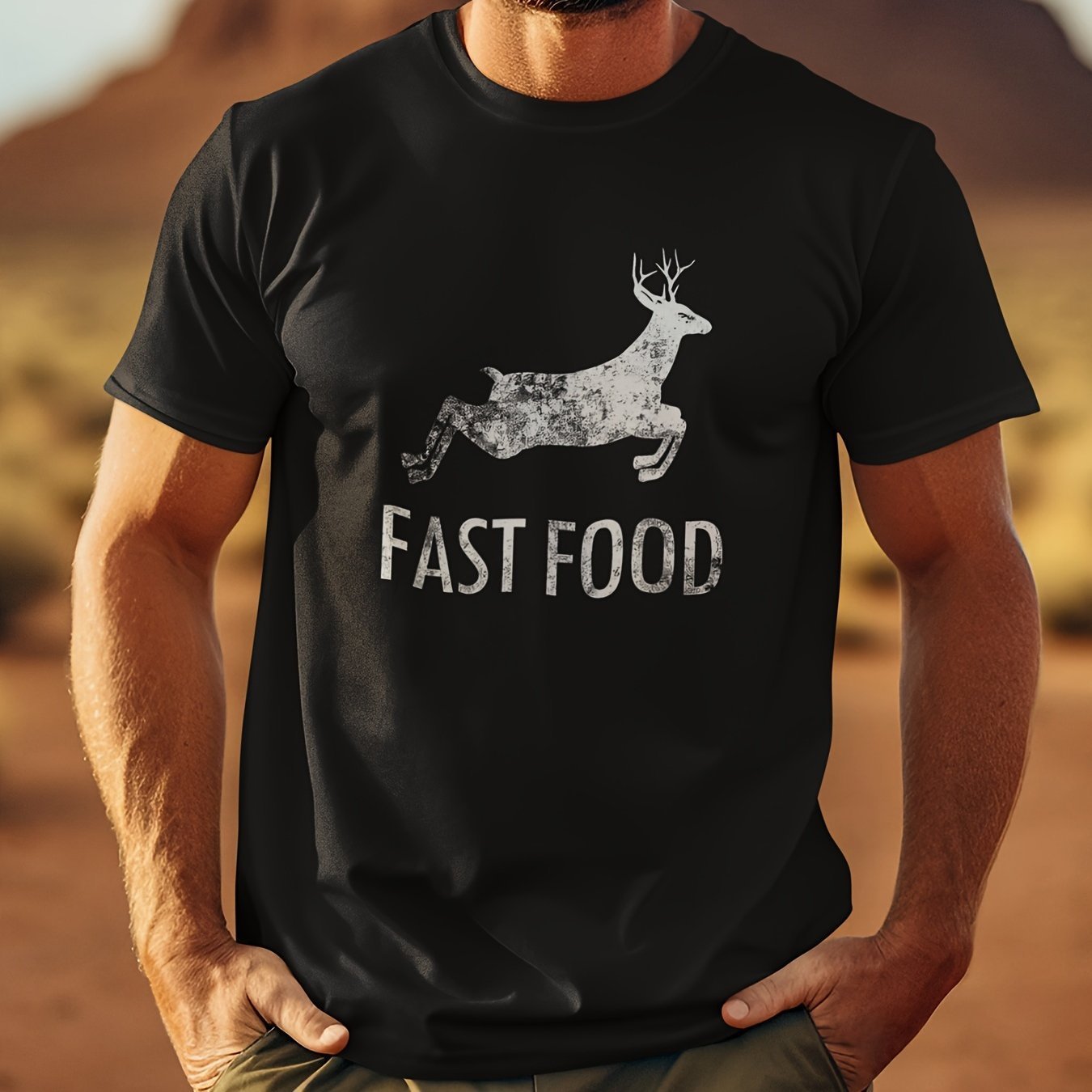 Interesting Joke Hunting Shirt - Men's Front Printed Short Sleeved T-shirt Top - Fast Food Deer - Gift For Hunters - Image 4