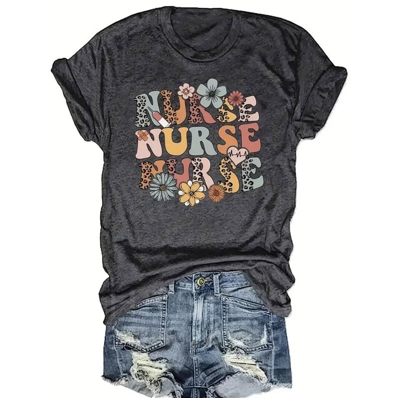 Women's Round Neck Short Sleeve T-Shirt With Letter & Floral Print, Casual Summer Top - Image 2