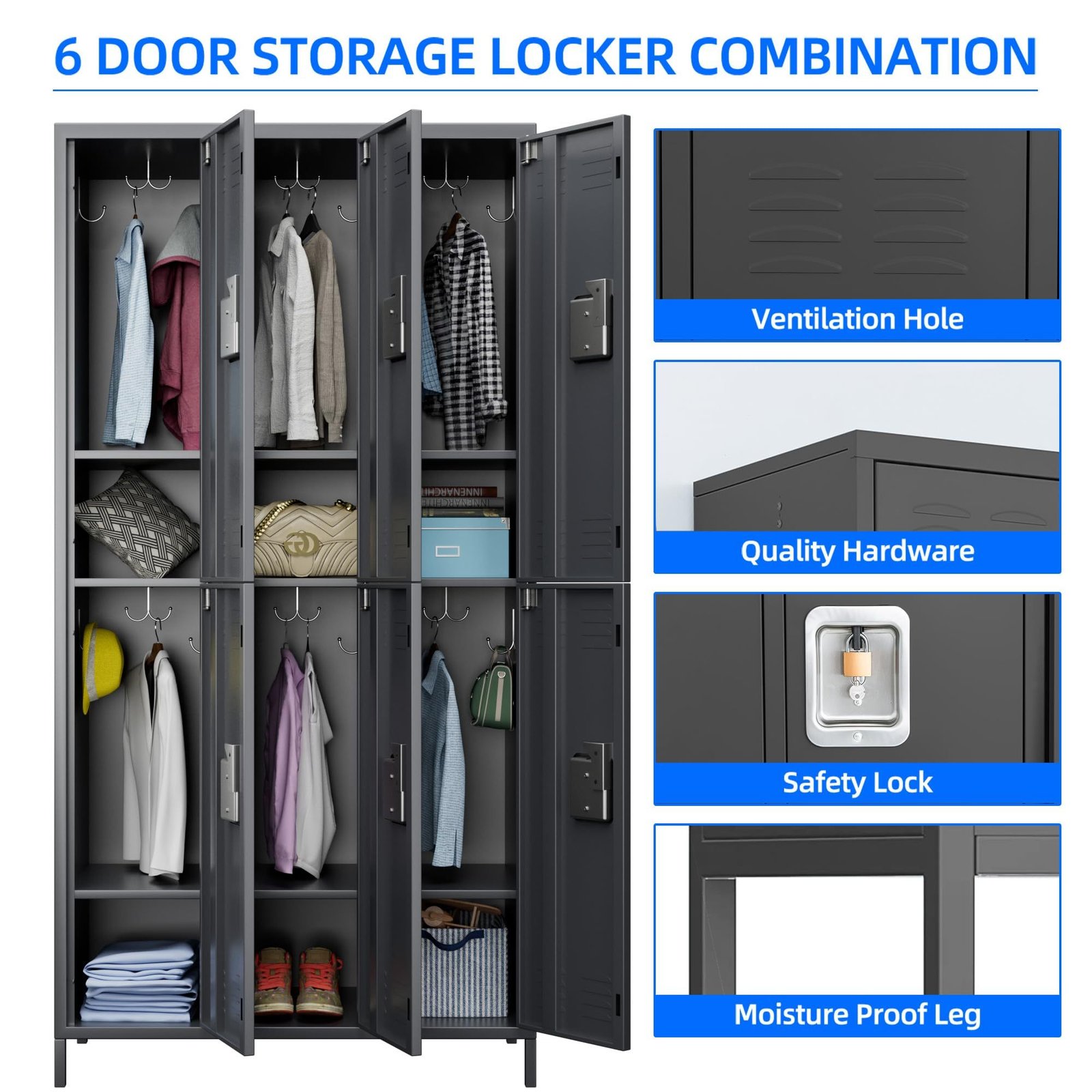 6 Doors Metal Lockers For Employees With Lock, Metal Locker With 18 Hooks For School Garage Office Gym Home,Assembly Required,Dark Grey - Image 6