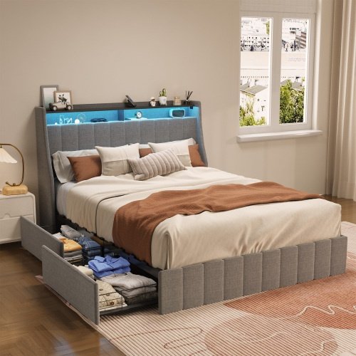 Queen Size Bed Frame With LED, 4 Under-bed Portable Storage Drawers, Wings Headboard Design - Image 3
