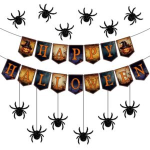 2 Packs Happy Halloween Banner Spider Ornament With Black Rope Trick Or Treat Banner Bunting Flag For Halloween Trick Or Treat Theme Party For Fireplace Wall Decorations Supplies