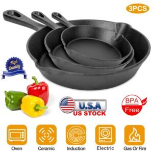 3Pcs Pre-Seasoned Cast Iron Skillet Set 6 8 10in Non-Stick Oven Safe Cookware Heat-Resistant Frying Pan