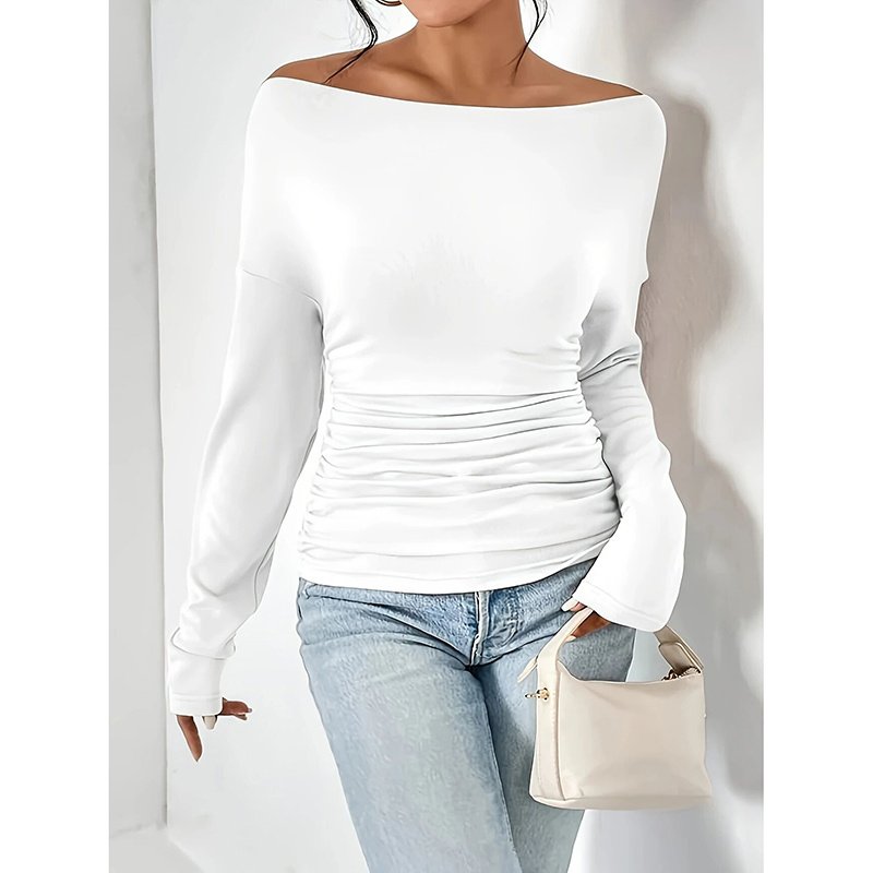 Women's Off The Shoulder Tops Long Sleeve T Shirts Going Out Tops Casual Trendy Ruched Slim Fitted Tees - Image 3