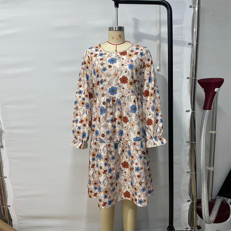 Women's Floral Print Boho Dress, Round Neck Smocked Cuff Sleeve Midi Dress With Patchwork Design For Spring And Fall - Image 7