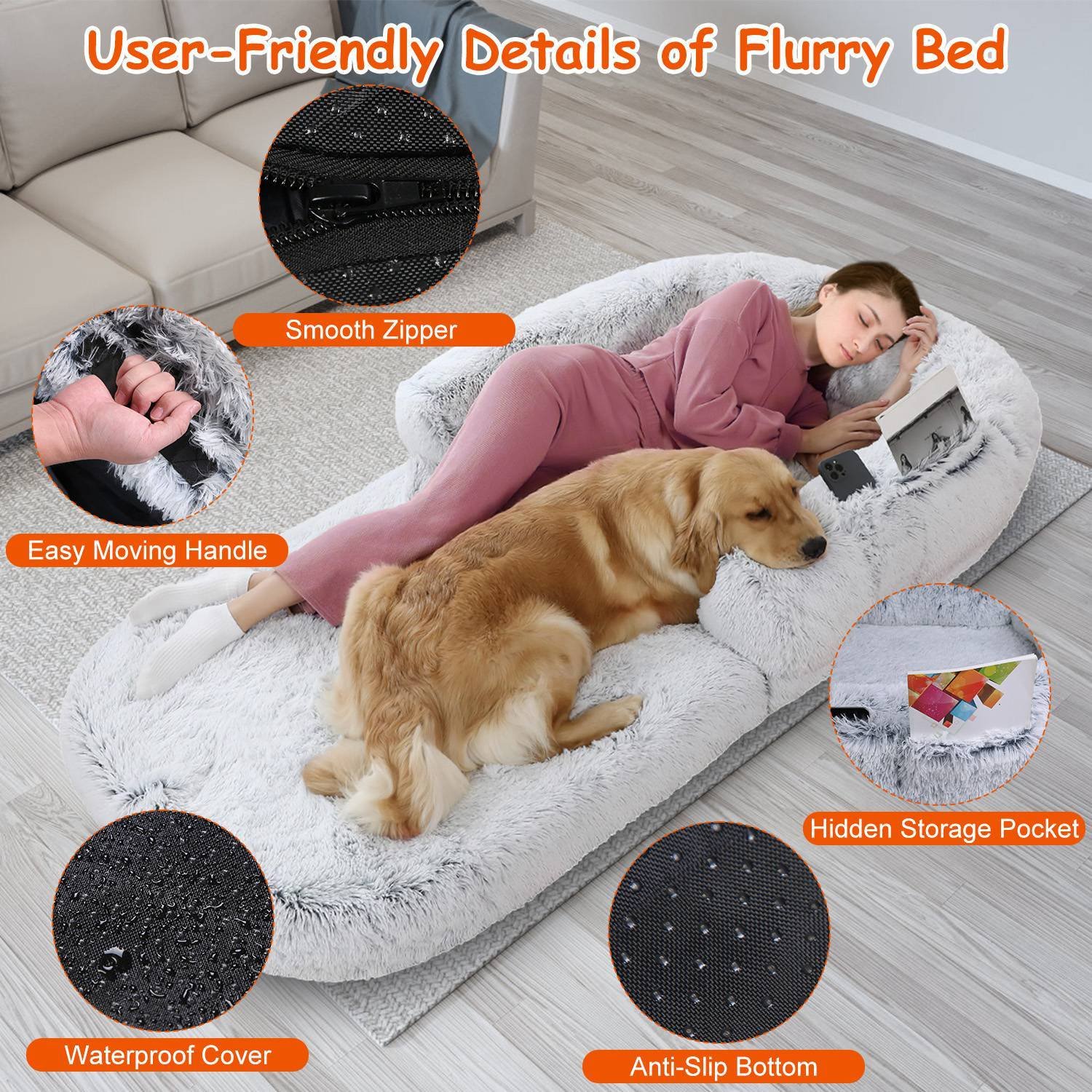 1Pc Large Foldable Human Size Dog Bed With Pillow Blanket Flurry Plush Napping Human-Sized Dog Bed Machine Washable Zipped Removable Cover For Pets Kids Adults Grey 71x45x10in - Image 6