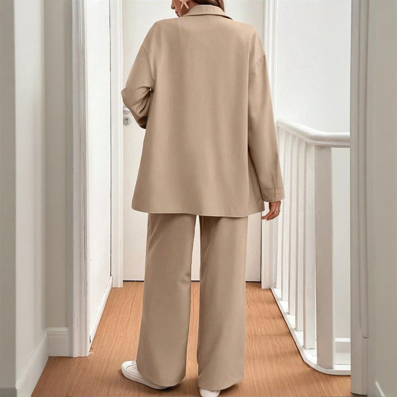 Women's Solid Color Shirt & Pants Set - Long Sleeve Button-Down Top With Elastic Waist Straight Pants Minimalist Casual Outfit - Image 10