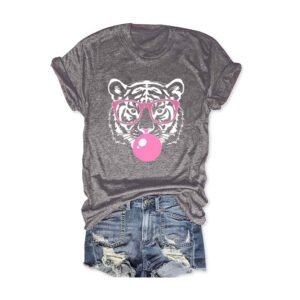 Women's Tiger With Glasses Blow Bubbles Print Round Neck T-Shirt - Summer Casual Tee