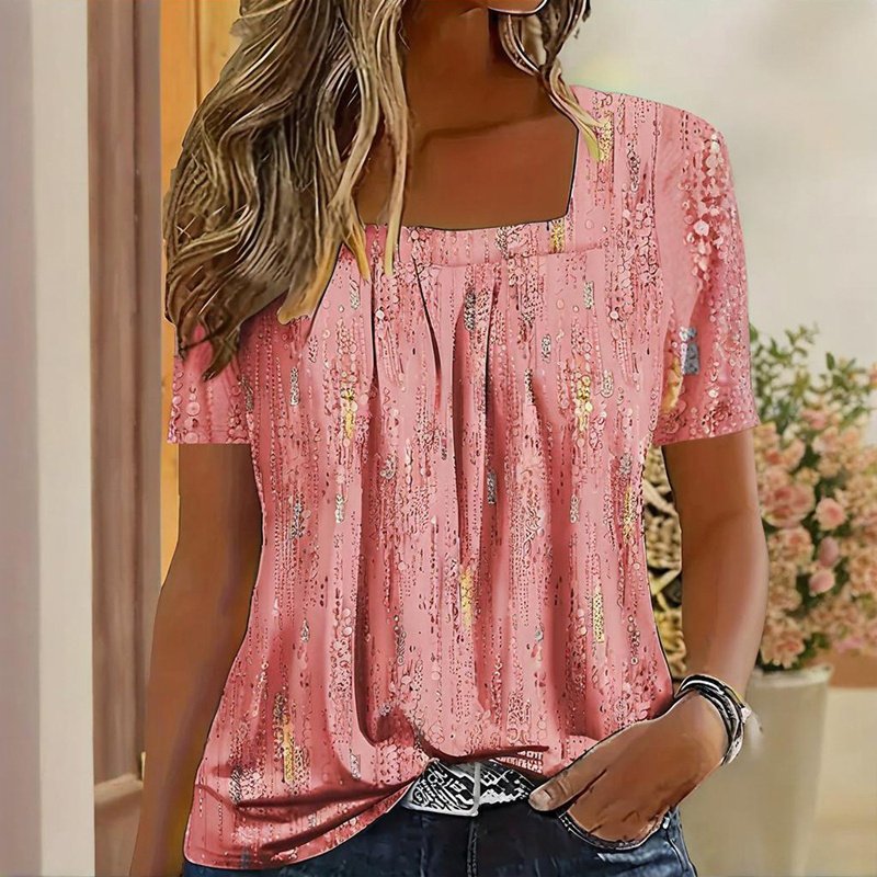 Women's Casual Square Neck Glitter T-Shirt - Sparkling Short Sleeve Top With Printed Design, Vibrant Spring&Summer Fashion Tee - Image 2