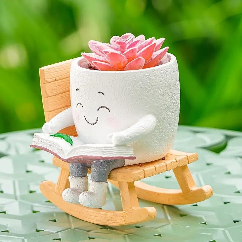 2 Pieces Of Cute Character Reading Rocking Chair Resin Flower Pots Indoor And Outdoor Plant Decoration Vase Home Flower Gift - Image 4