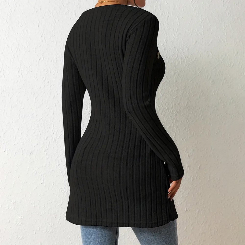 Elegant Women's Solid Color Slim-Fit Long Sleeve Top - Square Neck & Button Detail With Asymmetric Hem, Casual Fall&Spring Blouse - Image 10