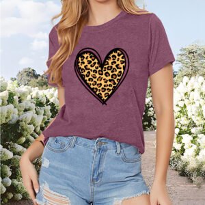 Women's Round Neck Short Sleeve T-Shirt With Leopard Heart Print, Casual Summer Top