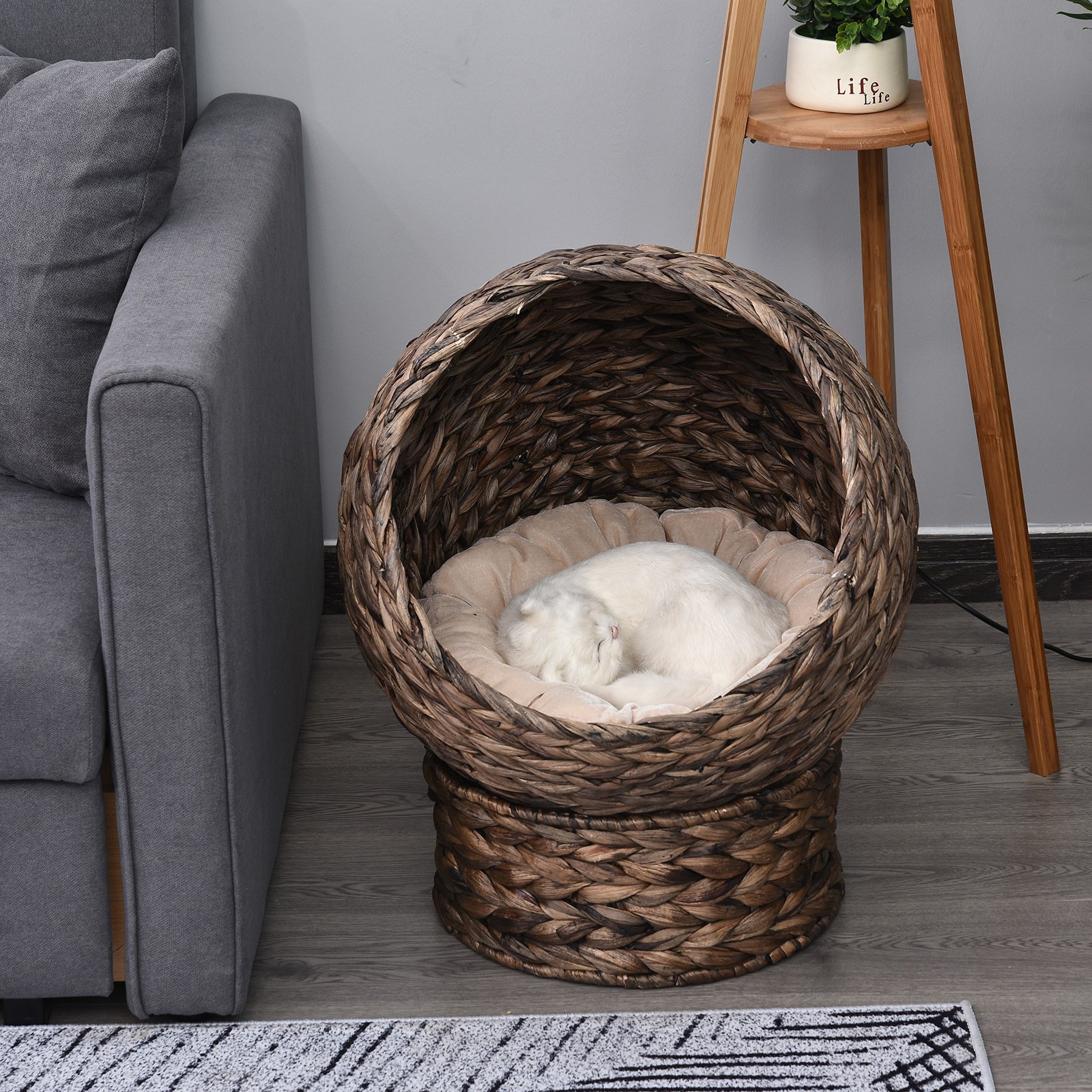 Handmade Wicker Elevated Cat Bed With Cushion Dark Brown For Kittens - Image 7