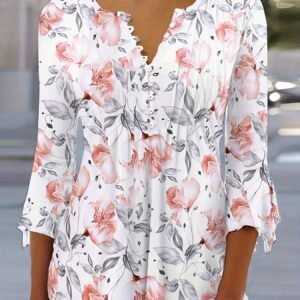 Spring And Autumn New Printed Spike Button Irregular Three-quarter Sleeve T-shirt Casual Top