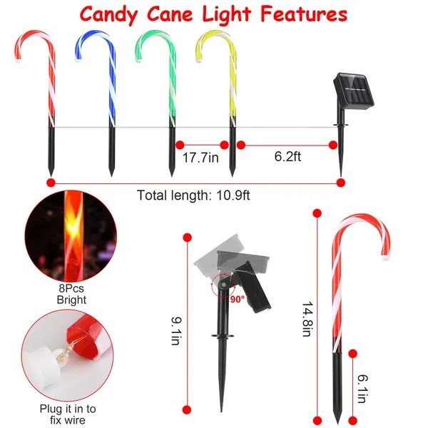 Solar Christmas Candy Cane Light IP55 Waterproof Stake Light - Image 4