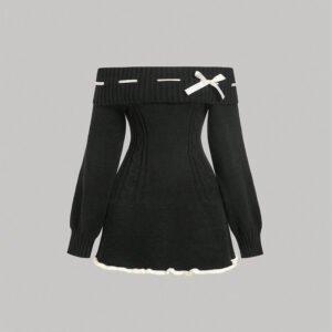 Women's Black Off-Shoulder Knit Dress, Long Sleeve Mini Dress With Lace Trim For Spring & Fall